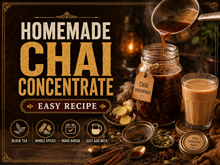 Jar of homemade chai concentrate with whole spices next to a cup of freshly made chai with milk