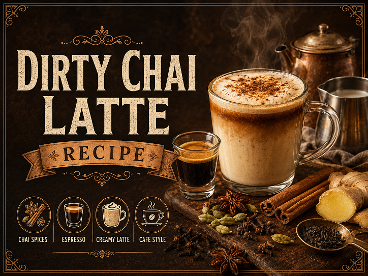 Dirty chai latte in a glass mug showing the layered espresso and spiced milk tea, with cinnamon stick garnish