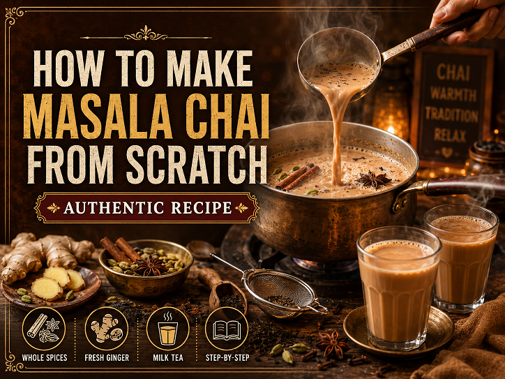 Cup of authentic masala chai with whole spices including cardamom, cinnamon, and cloves visible alongside the pot
