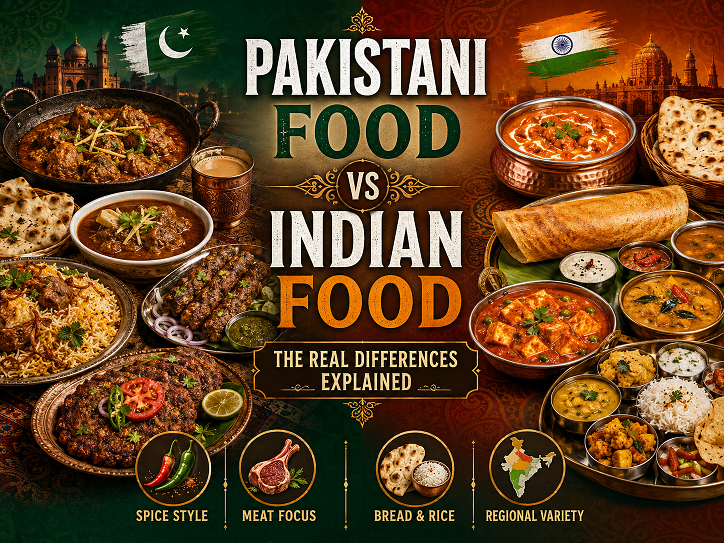 Side-by-side comparison of Pakistani and Indian dishes showing shared Punjabi influences and distinct regional differences