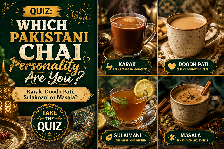 Four different cups of Pakistani chai varieties including Karak, Doodh Pati, Masala and Sulaimani representing different chai personality types