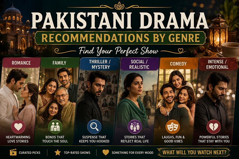 Collection of recommended Pakistani dramas organized by genre including romance social drama and comedy categories