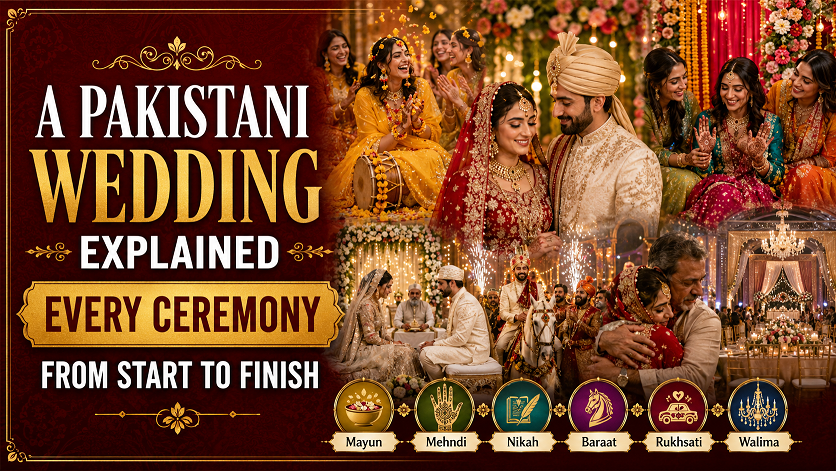 Pakistani wedding ceremony showing traditional Mehndi, Baraat, and Walima events with bride and groom in traditional attire
