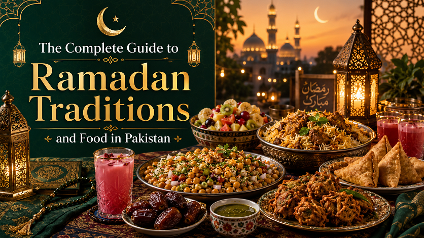 Traditional Pakistani Iftar spread with samosas, dates, pakoras, fruit chaat and Rooh Afza drink for Ramadan