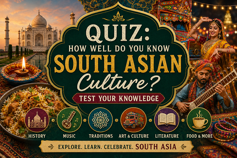 Collage of South Asian cultural elements including chai, Pakistani wedding henna, biryani and traditional clothing for culture quiz