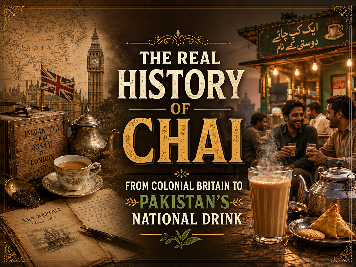 Historical illustration representing the journey of chai from British colonial tea plantations to becoming Pakistan's national drink