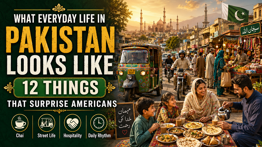 Everyday street scene in Pakistan showing daily life, food stalls, and family activity that often surprises American visitors