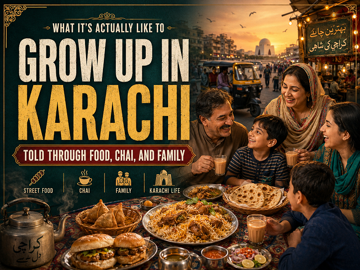 Busy street scene in Karachi Pakistan showing daily life, street food stalls, and the everyday atmosphere of growing up in the city