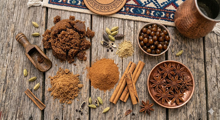 Brown sugar, cinnamon, and cardamom spices flat lay