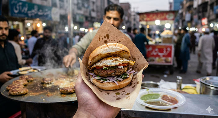 Pakistani bun kebab street food