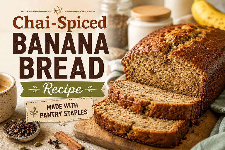 Sliced chai-spiced banana bread loaf with cardamom and cinnamon visible in the texture, served next to a cup of masala chai