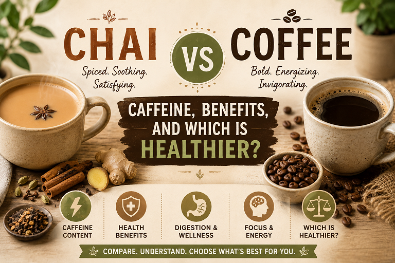 Side by side comparison of a cup of masala chai and a cup of coffee showing the two drinks for health and caffeine comparison