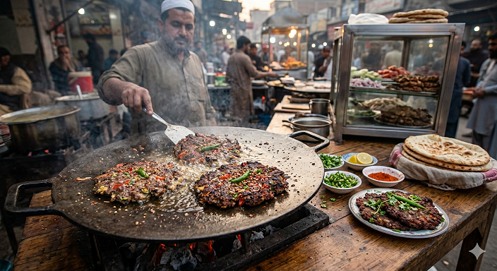 Chapli kebab served with chutney and naan