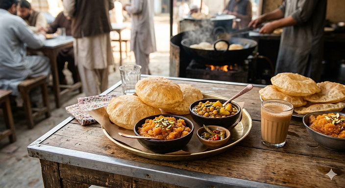Halwa puri Pakistani breakfast