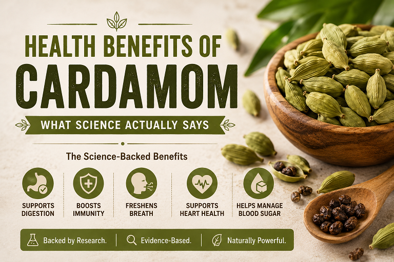 Green cardamom pods opened to show seeds alongside a cup of masala chai showing this key chai spice and its health benefits