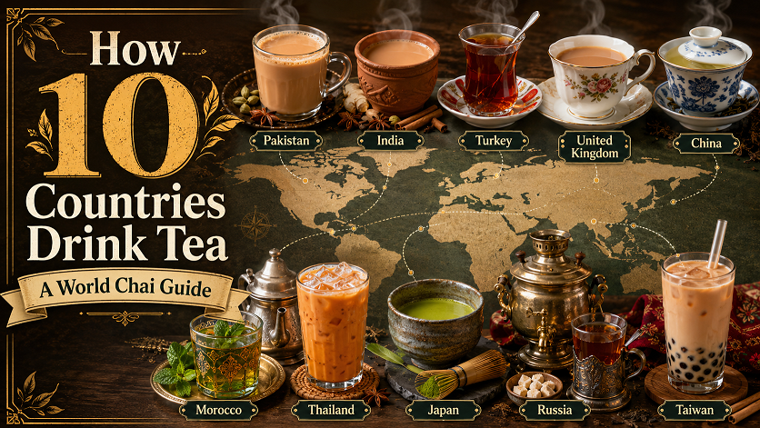 World map with different tea cups representing how 10 countries drink tea from Pakistani chai to Japanese matcha to Moroccan mint tea
