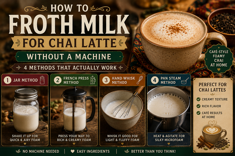 Chai latte with creamy frothy milk foam on top in a ceramic mug showing how to froth milk without a machine at home
