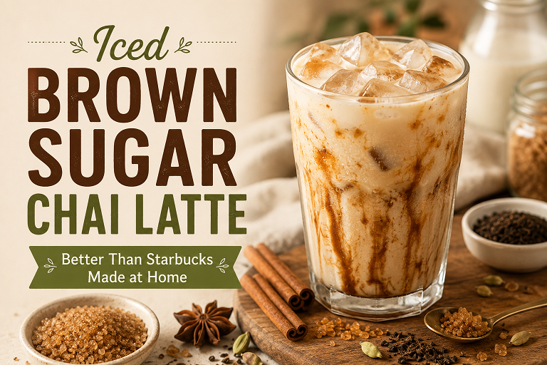 Homemade iced brown sugar chai latte in a tall clear glass showing layered brown sugar syrup chai and milk over ice with cinnamon garnish