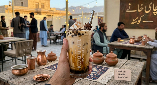 Iced chai latte in a layered glass with condensation