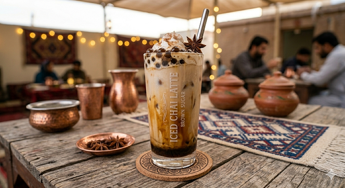 Iced brown sugar chai latte in a glass