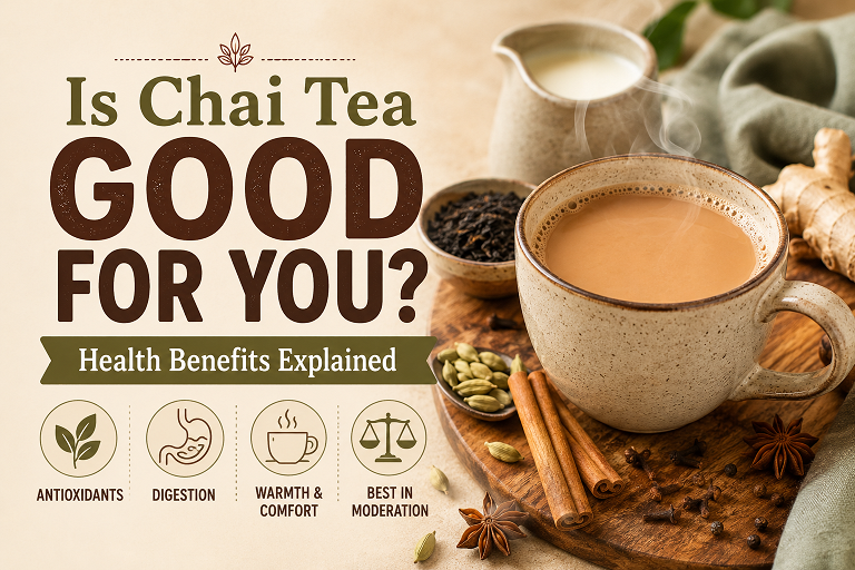 Cup of masala chai surrounded by whole chai spices including cardamom, cinnamon sticks, cloves and fresh ginger showing health-supportive ingredients