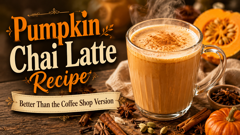 Homemade pumpkin chai latte in a ceramic mug with whipped cream cinnamon topping surrounded by autumn leaves and pumpkin spices