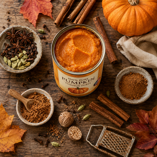 Pumpkin puree can with cinnamon sticks and autumn spices