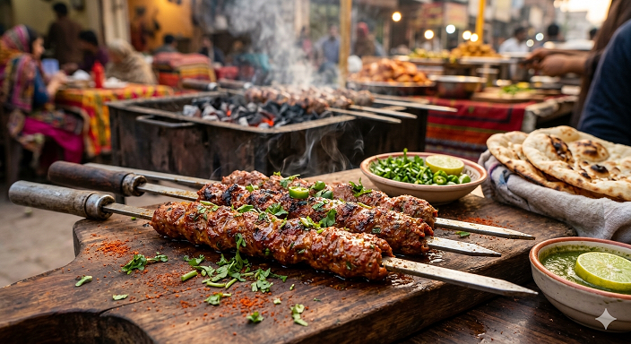 Pakistani seekh kebab grilled on skewers
