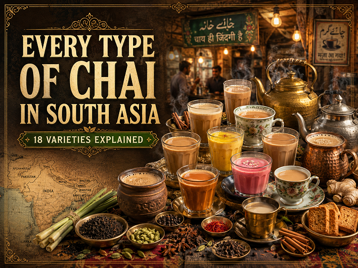 Collection of different chai varieties from South Asia including Karak, Doodh Pati, Kashmiri pink chai, and Kahwa in traditional cups