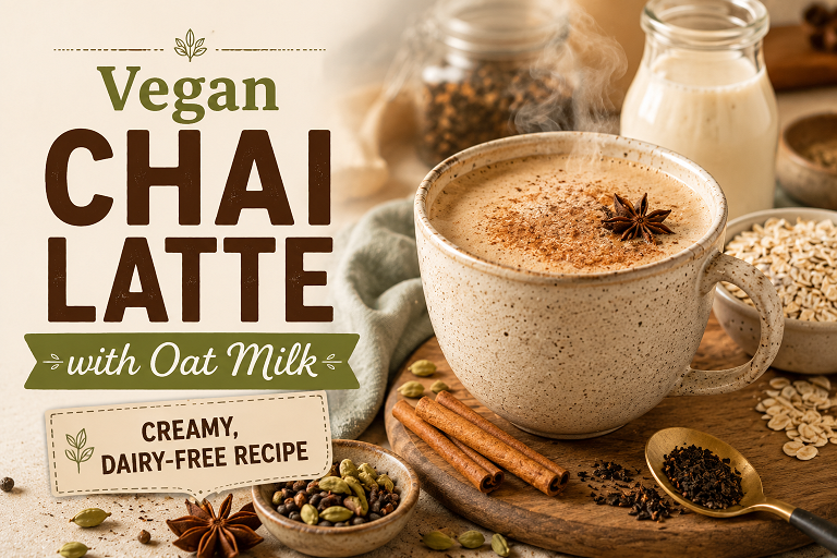 Vegan chai latte made with oat milk in a glass mug showing golden spiced color with cinnamon stick, dairy-free and plant-based