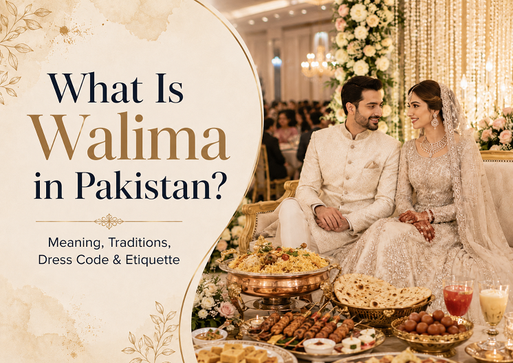 Pakistani Walima wedding reception with bride and groom on stage, decorated banquet hall, guests, traditional dresses, and dinner setup