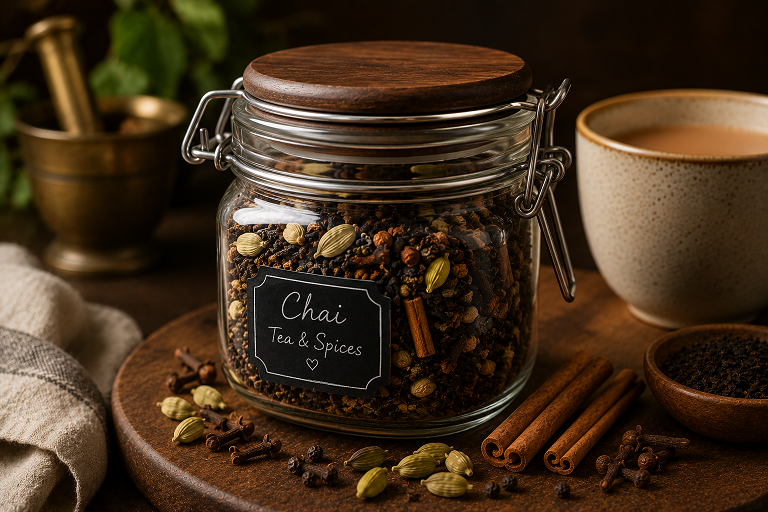 Small glass jar filled with homemade chai spice mix alongside loose leaf tea on a wooden surface