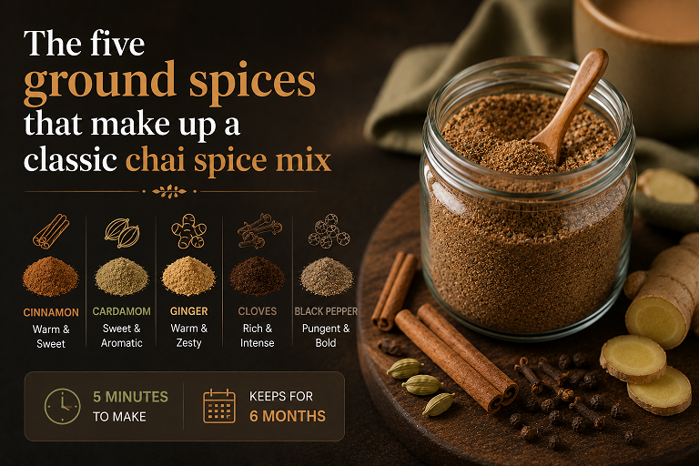 Homemade chai spice mix with ground cinnamon cardamom ginger cloves and black pepper in small bowls on a dark wooden surface