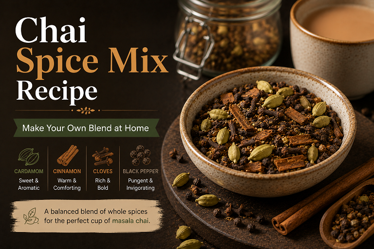 Homemade chai spice mix with ground cinnamon cardamom ginger cloves and black pepper in small bowls on a dark wooden surface