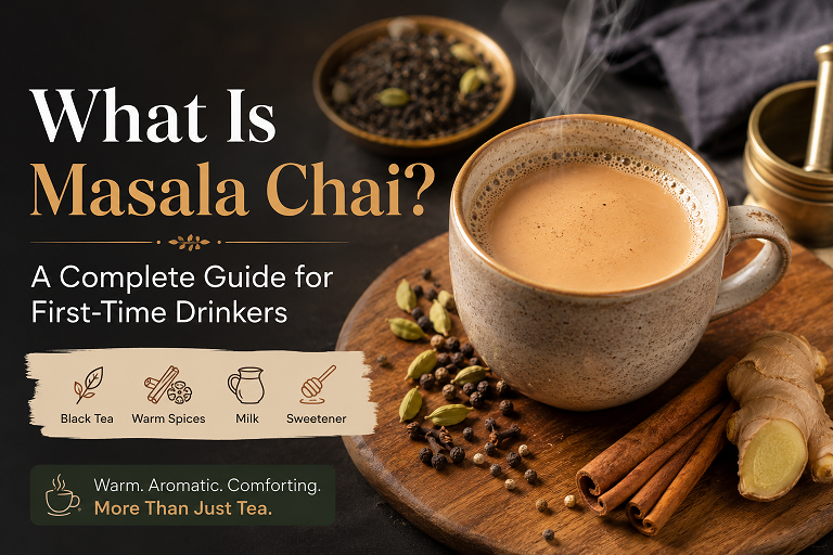 Traditional masala chai in a ceramic cup with whole spices including cardamom cinnamon and cloves showing what masala chai looks like