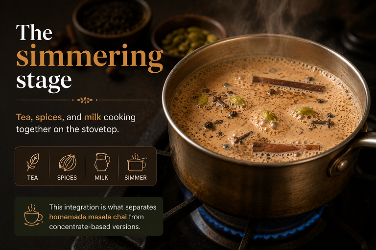 Masala chai being simmered in a small saucepan on a stovetop with milk and spices visible in the liquid