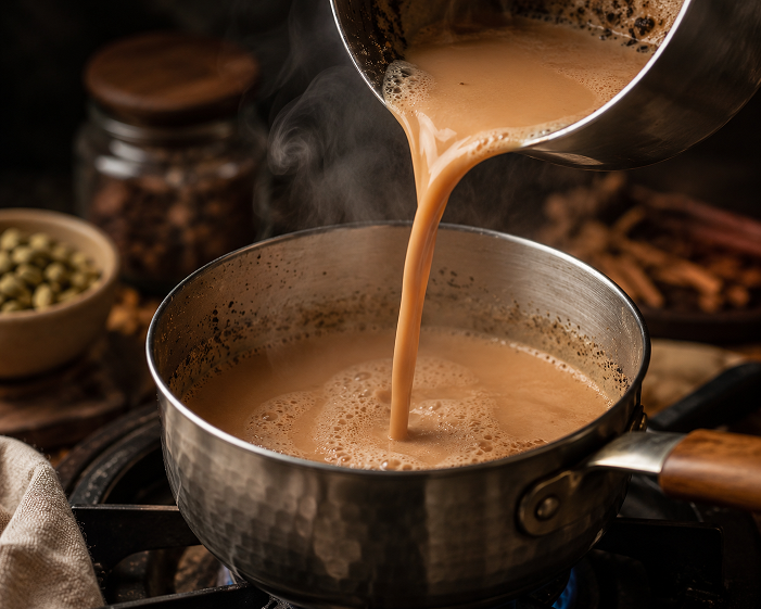 Karak chai being poured from a saucepan during the traditional back-and-forth aeration technique used by chai stall vendors