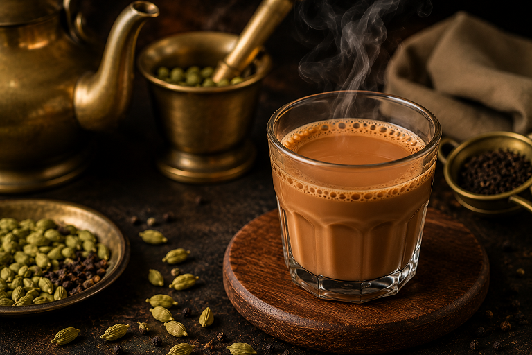 Karak chai served in small glass cups showing the deep amber color and rich creamy texture of strong Pakistani Gulf-style milk tea