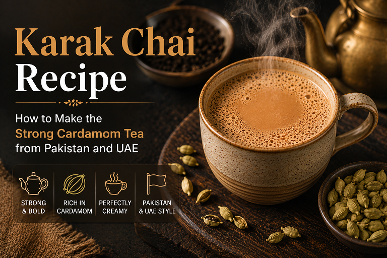 Karak chai served in small glass cups showing deep amber color and rich creamy texture of strong Pakistani Gulf style cardamom milk tea