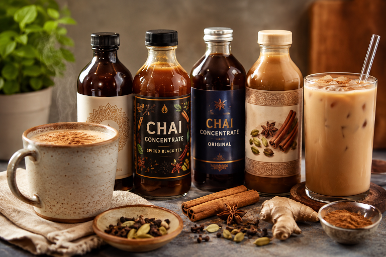 Iced chai latte made with chai concentrate