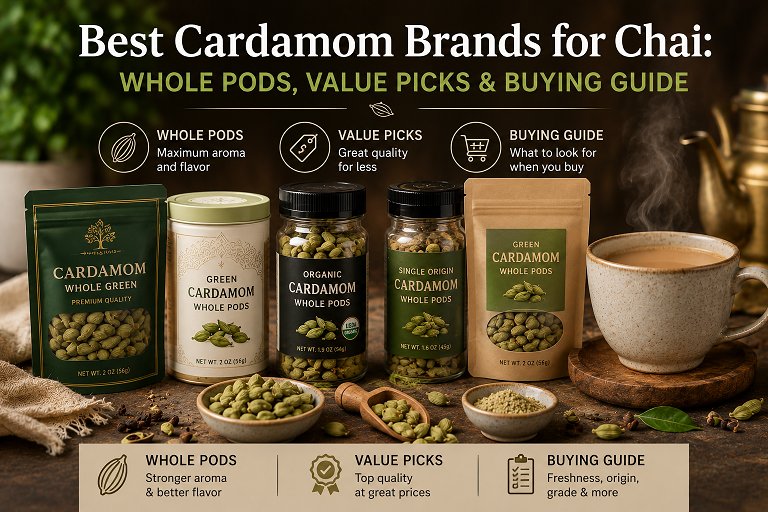 Green cardamom pods and warming spices for chai