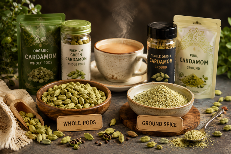 Green cardamom pods and ground cardamom for masala chai