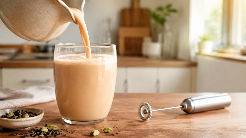 Creamy chai latte beside a handheld milk frother