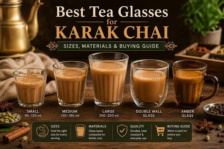 Clear heat-safe tea glasses filled with freshly brewed karak chai