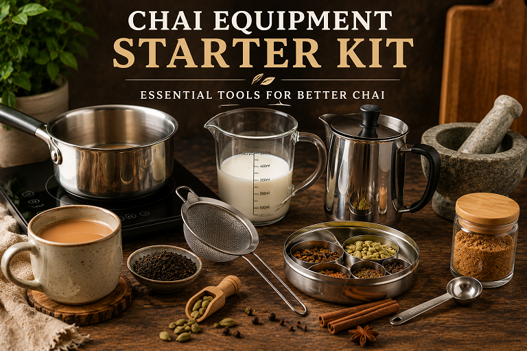 Essential chai-making tools including a saucepan, strainer, tea and cardamom