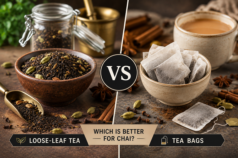 Loose black tea leaves beside a cup brewed with a tea bag